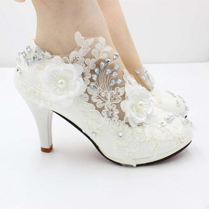 Floral White Lace High Heels Shoes & Bags