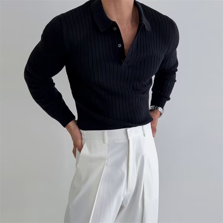 Lapel Button Long Sleeve Polo Shirt Slim Fashion Solid Striped Knitted Bottoming Shirt Top Men's Clothing T-Shirt