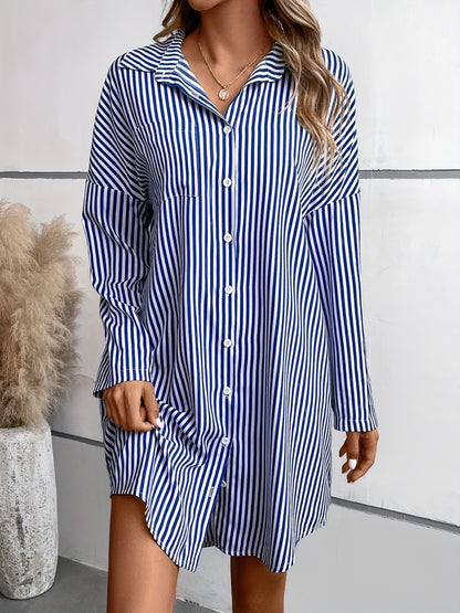 Striped Button Up Long Sleeve Mini Shirt Dress apparel & accessories