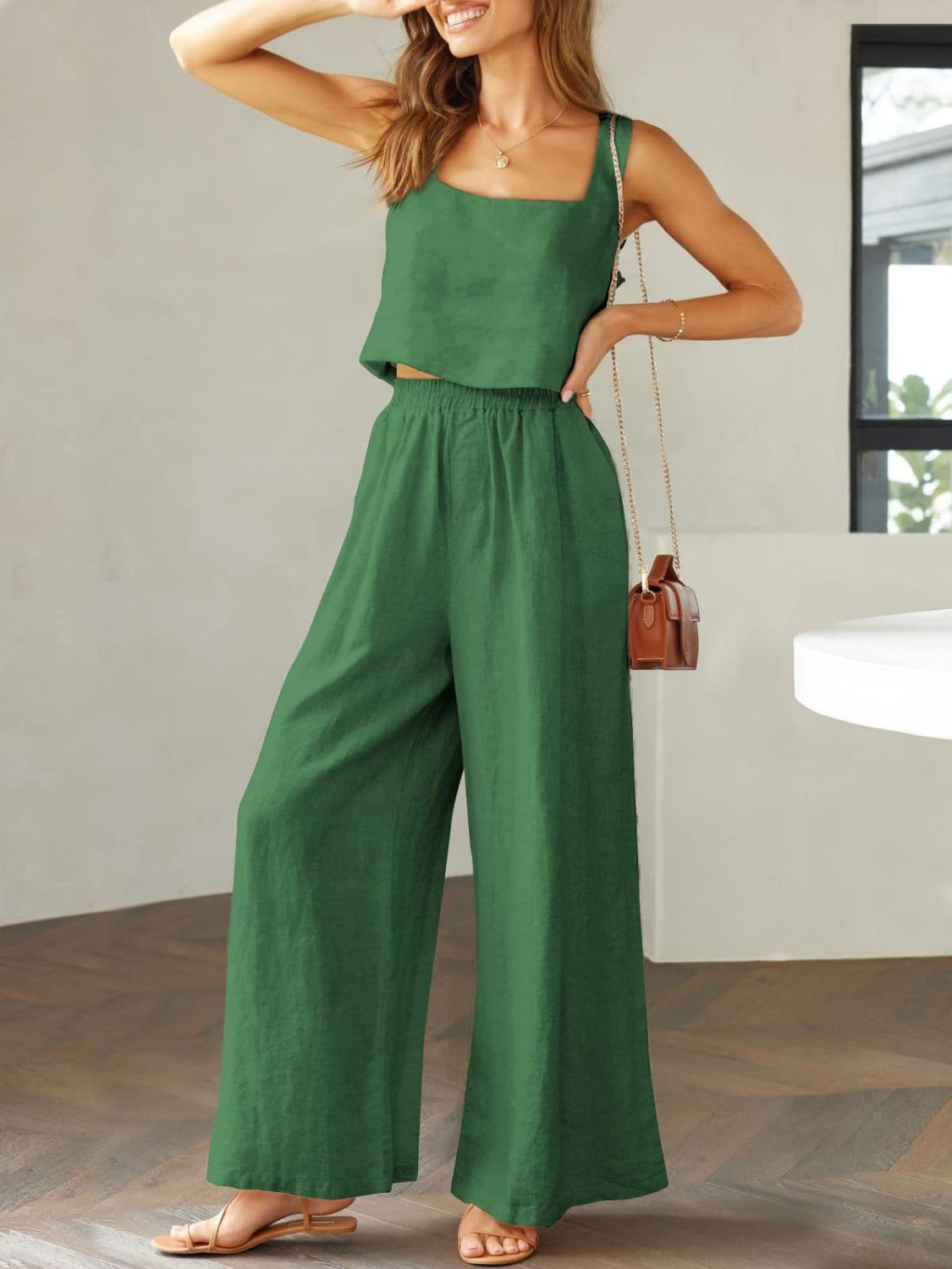 Square Neck Top and Wide Leg Pants Set apparel & accessories