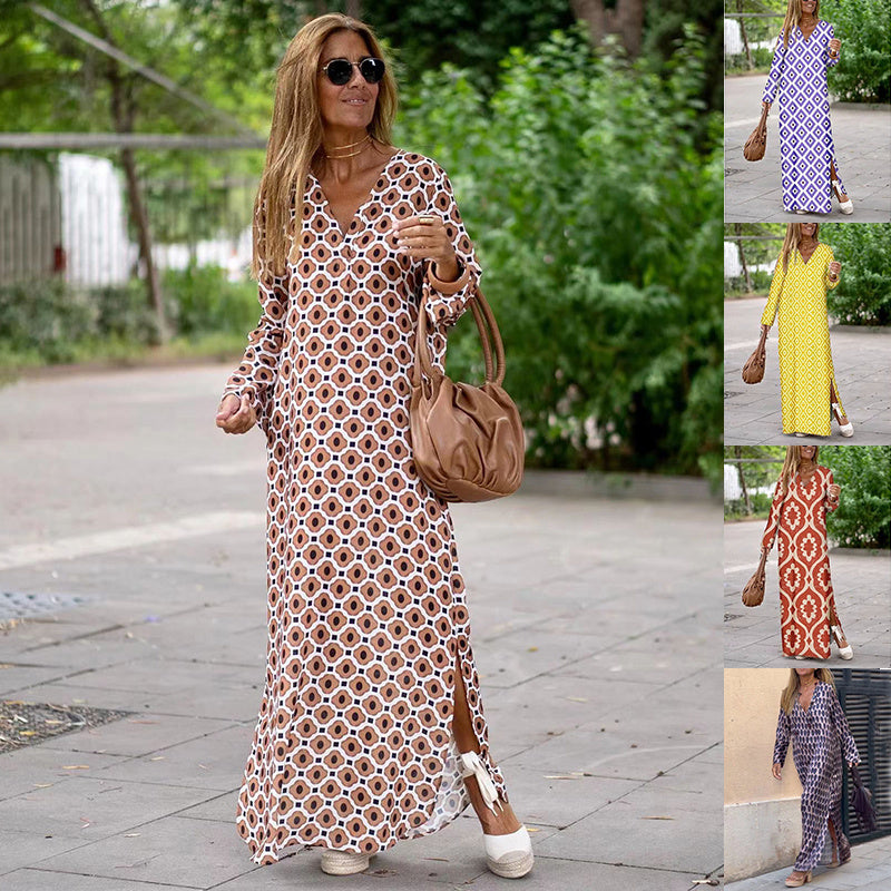 Printed V-neck Long Dress For Women apparels & accessories