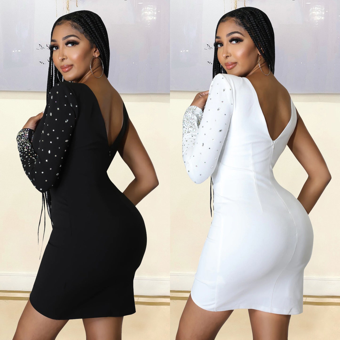 Women's Fashion Tight Rhinestone One-shoulder Dress apparels & accessories