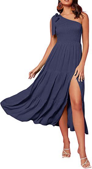 Summer Fashion Women's One-shoulder Pleated Layered Hem Split Dress apparels & accessories