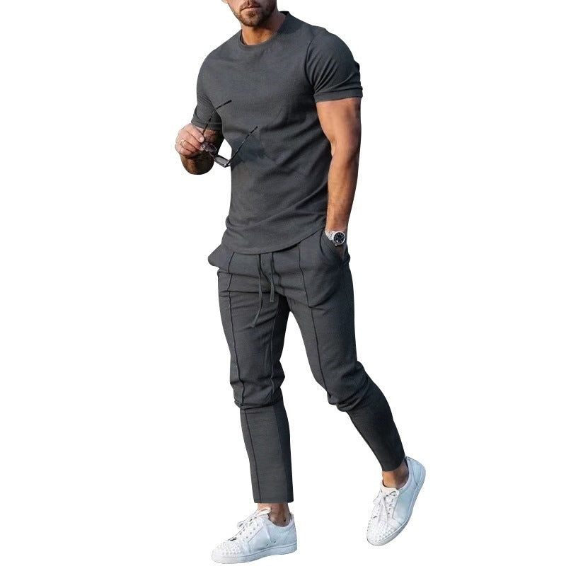 Solid Color Casual Round Neck Short Sleeves T-shirt Trousers Two-piece Set apparel & accessories