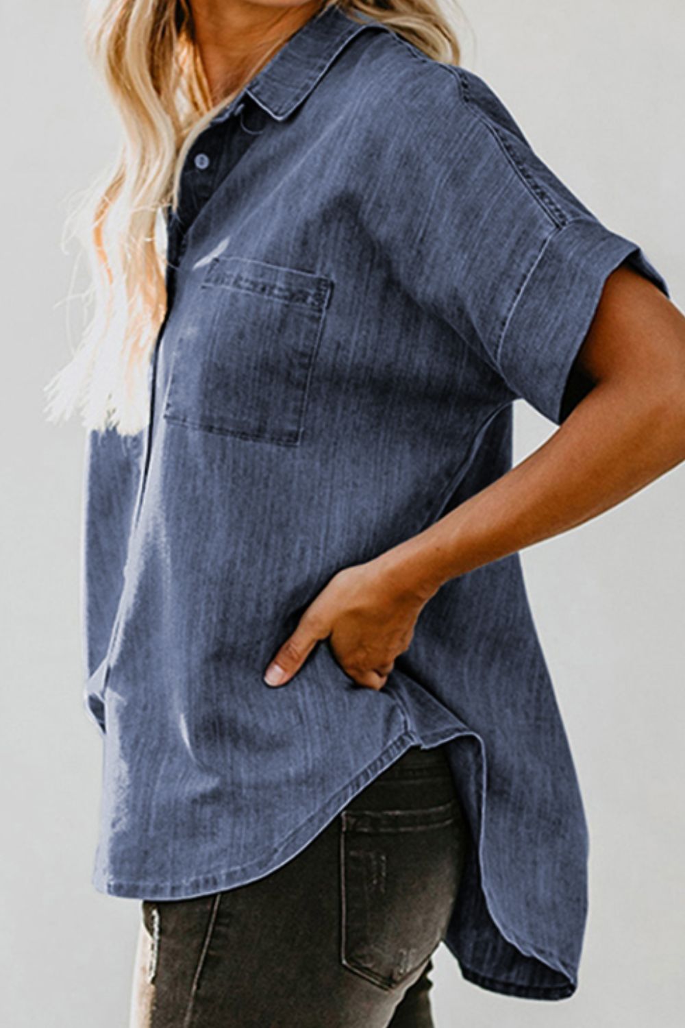 Pocketed Button Up Short Sleeve Denim Shirt apparel & accessories