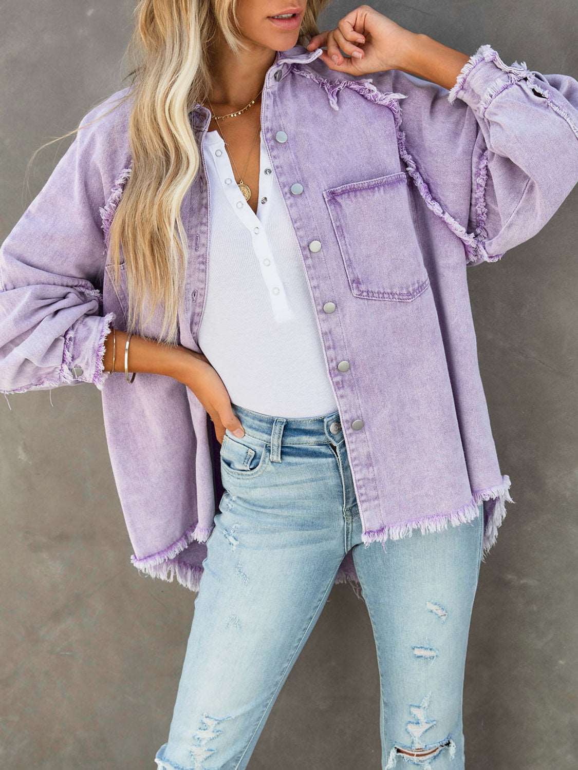 Button Down Raw Hem Denim Jacket Dresses & Tops