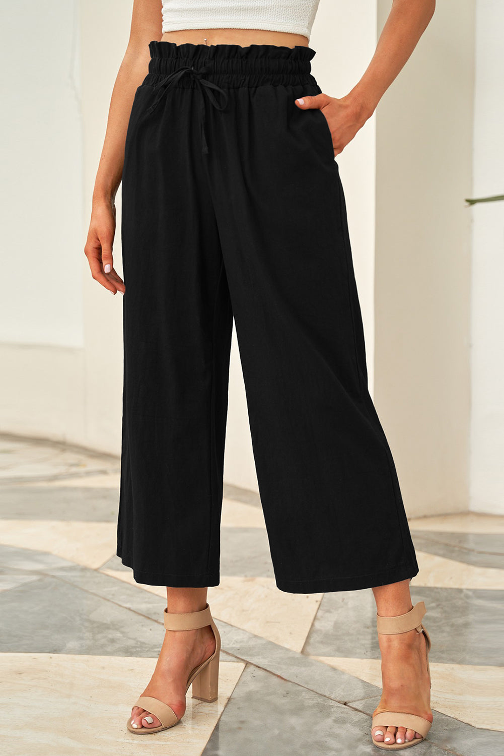 Drawstring Paperbag Waist Wide Leg Pants apparel & accessories