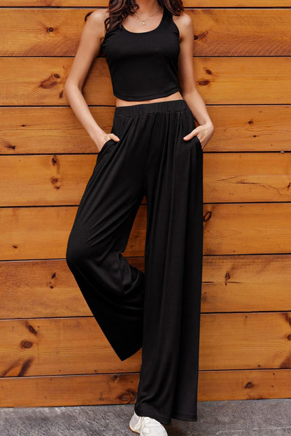 Scoop Neck Top and Wide Leg Pants Set Bottom wear