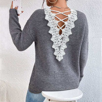 Lace Backless V-neck Pullover Long Sleeve Sweater apparels & accessories