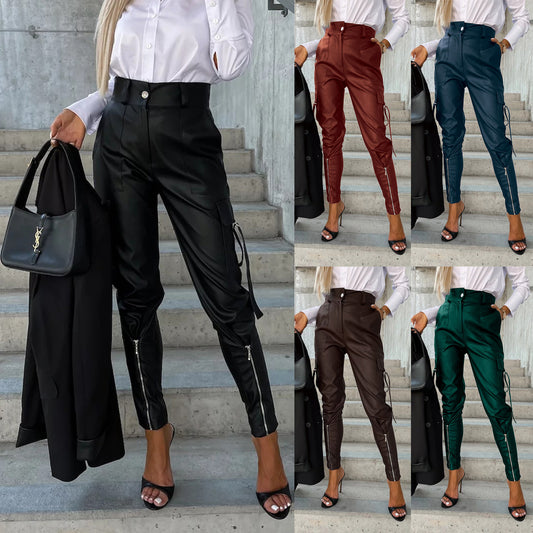 Fashion Slim-fitting Leather Trousers Women Waist-cinching Zipper Design Pants With Pockets apparel & accessories