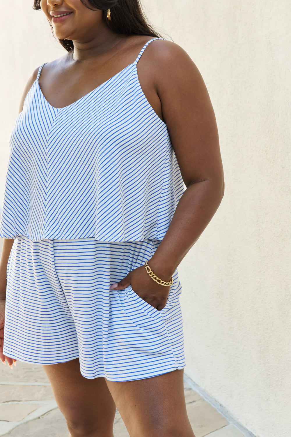 Culture Code Let It Happen Full Size Double Flare Striped Romper in Cobalt Blue Bottom wear