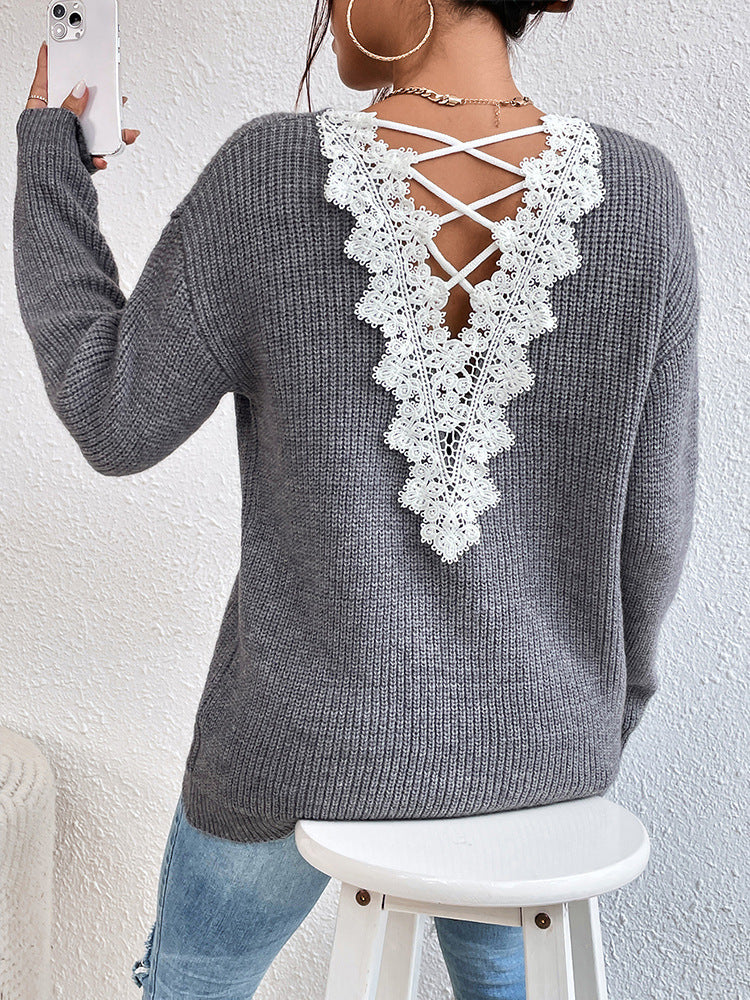 Lace Backless V-neck Pullover Long Sleeve Sweater apparels & accessories