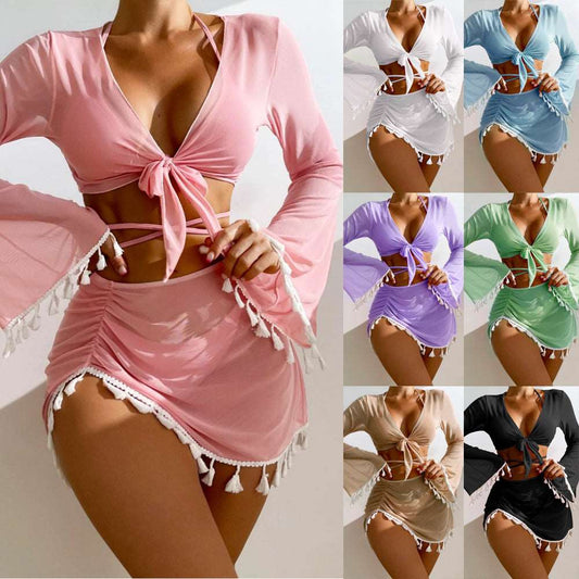 4pcs Solid Color Bikini With Short Skirt And Long Sleeve Cover-up Fashion Bow Tie Fringed Swimsuit Set Summer Beach Womens Clothing apparel & accessories