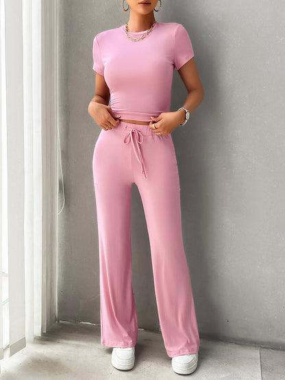 Round Neck Short Sleeve Top and Pants Set Bottom wear