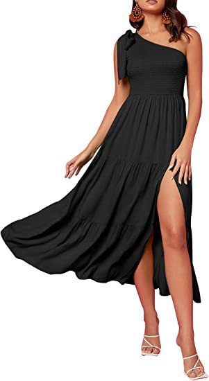 One-shoulder Pleated Layered Hem Split Dress apparels & accessories