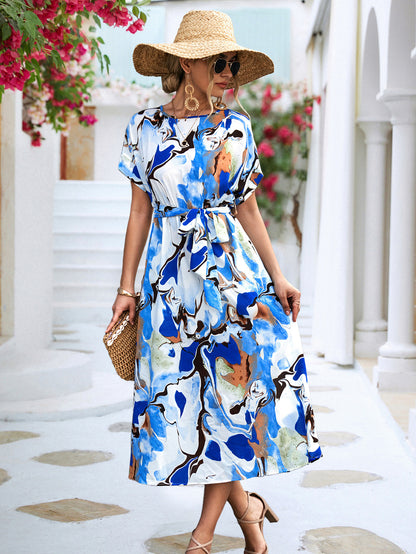 Summer Print Short-sleeved Dress Summer Loose Lace-up A-line Long Dresses Fashion Casual Holiday Beach Dress For Womens Clothing apparels & accessories