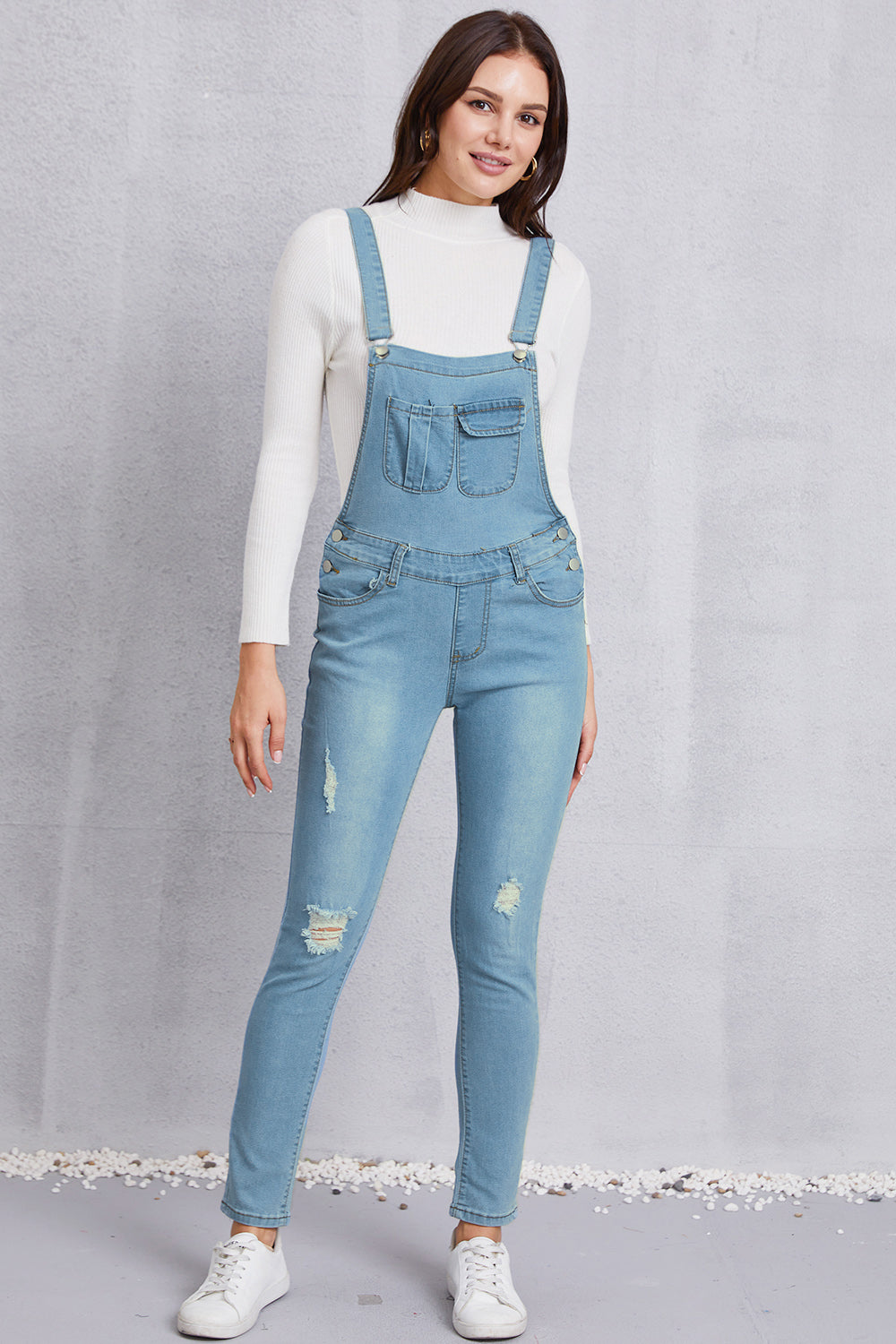 Distressed Washed Denim Overalls with Pockets Bottom wear