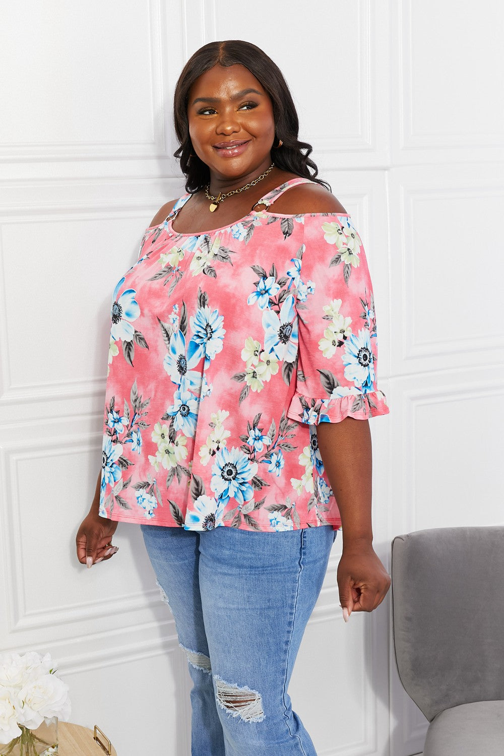 Sew In Love Full Size Fresh Take  Floral Cold-Shoulder Top Dresses & Tops