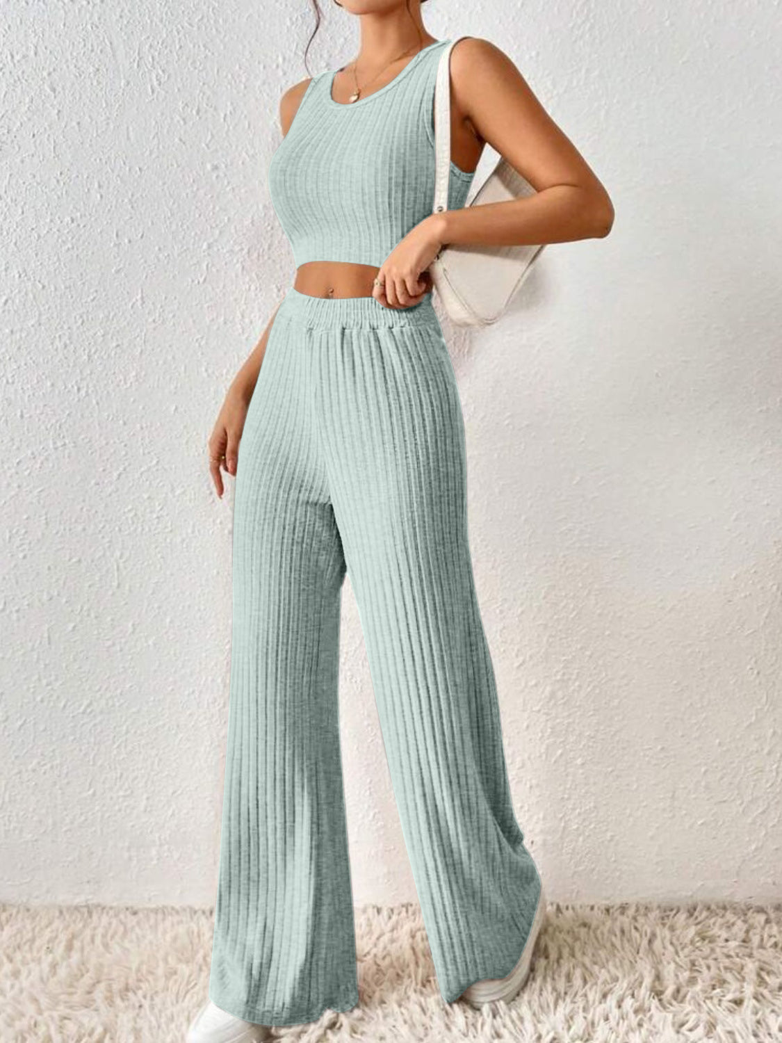 Ribbed Round Neck Tank and Pants Sweater Set apparel & accessories