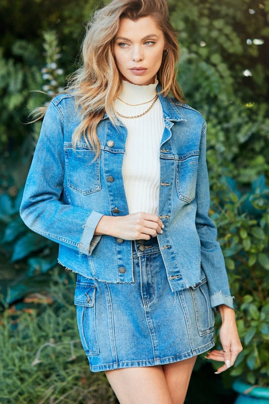 Veveret Button Up Raw Hem Denim Jacket Dresses & Tops