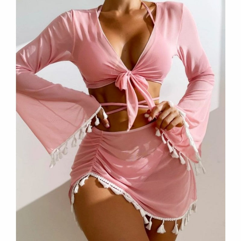 4pcs Solid Color Bikini With Short Skirt And Long Sleeve Cover-up Fashion Bow Tie Fringed Swimsuit Set Summer Beach Womens Clothing apparel & accessories