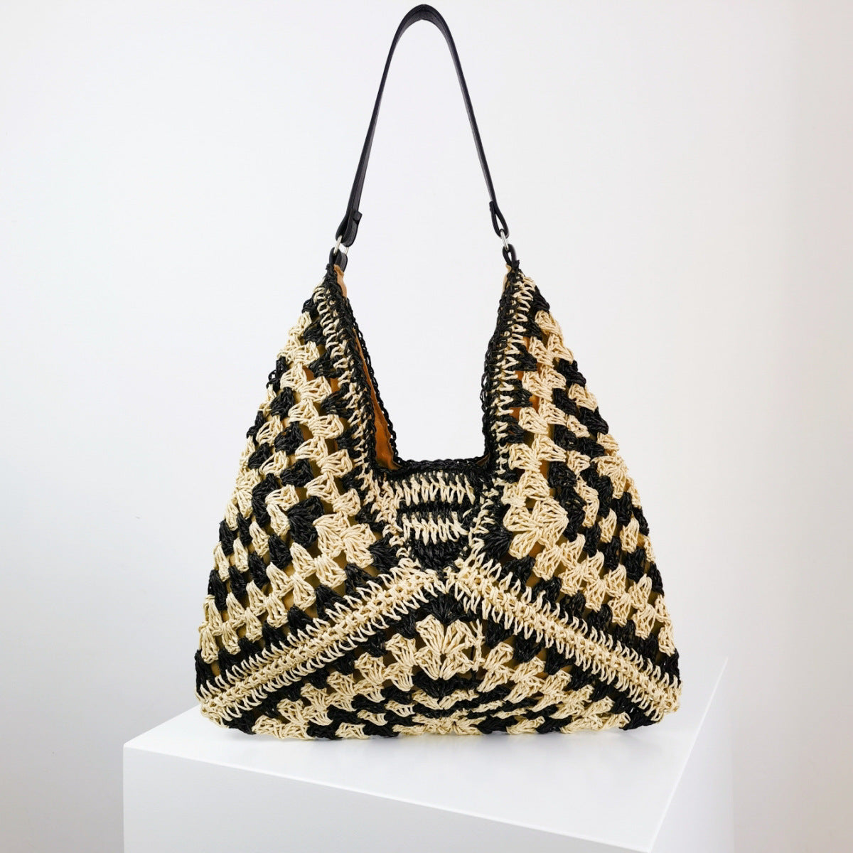 Women's Fashion Handmade Straw Woven Hollow Contrast Color Weave Shoulder Bag apparels & accessories