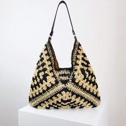 Women's Fashion Handmade Straw Woven Hollow Contrast Color Weave Shoulder Bag Accessories for women
