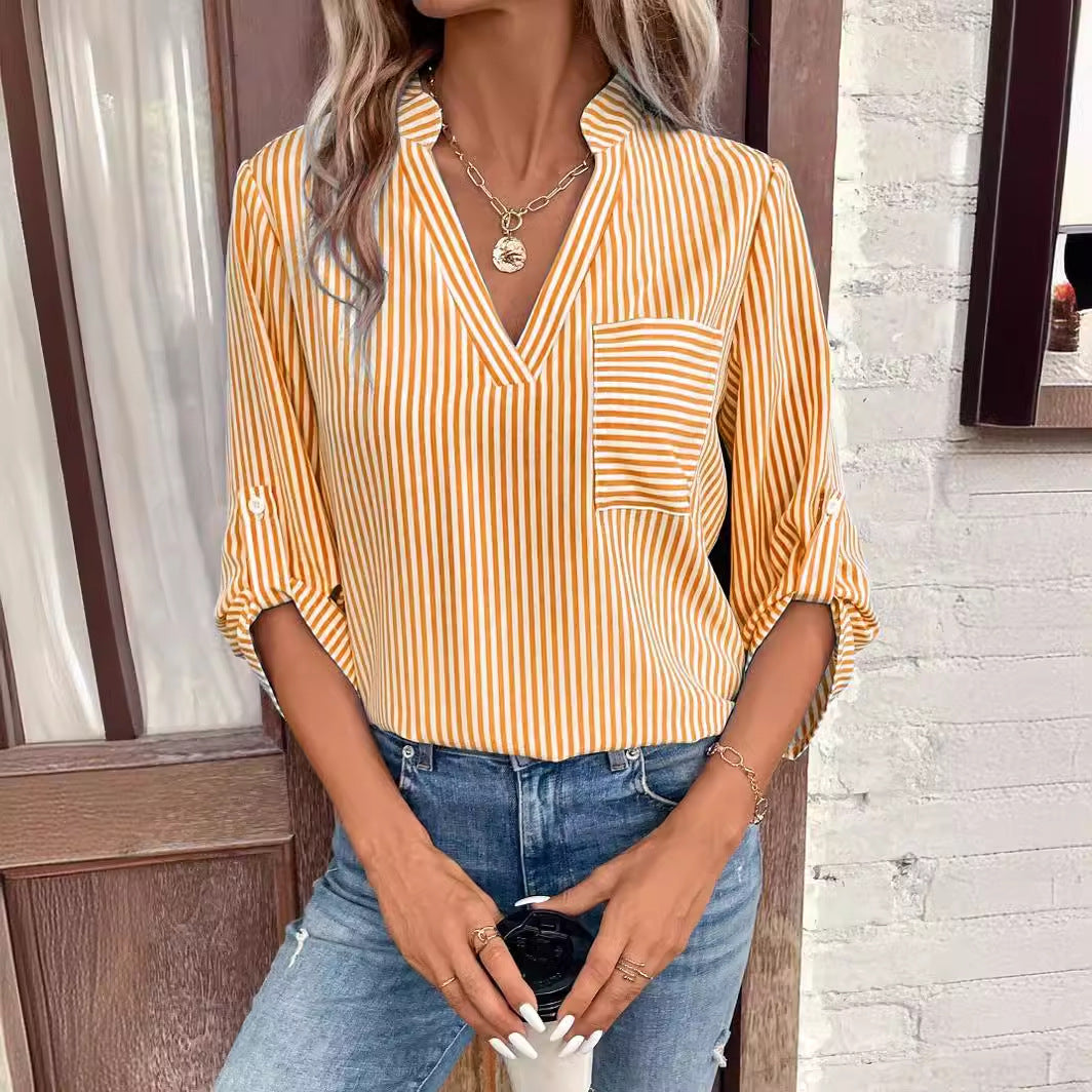 Women's V-neck Pullover Striped Printed Long Sleeves Casual Shirt apparel & accessories