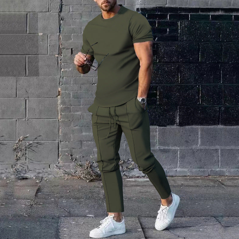 Solid Color Casual Round Neck Short Sleeves T-shirt Trousers Two-piece Set apparel & accessories