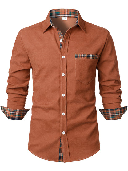 Men's Corduroy Red Plaid Plaid Casual Long Sleeve T-Shirt