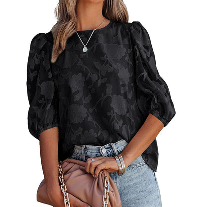 Women's Puff Sleeve Chiffon Loose Top Flower Texture Shirt apparel & accessories