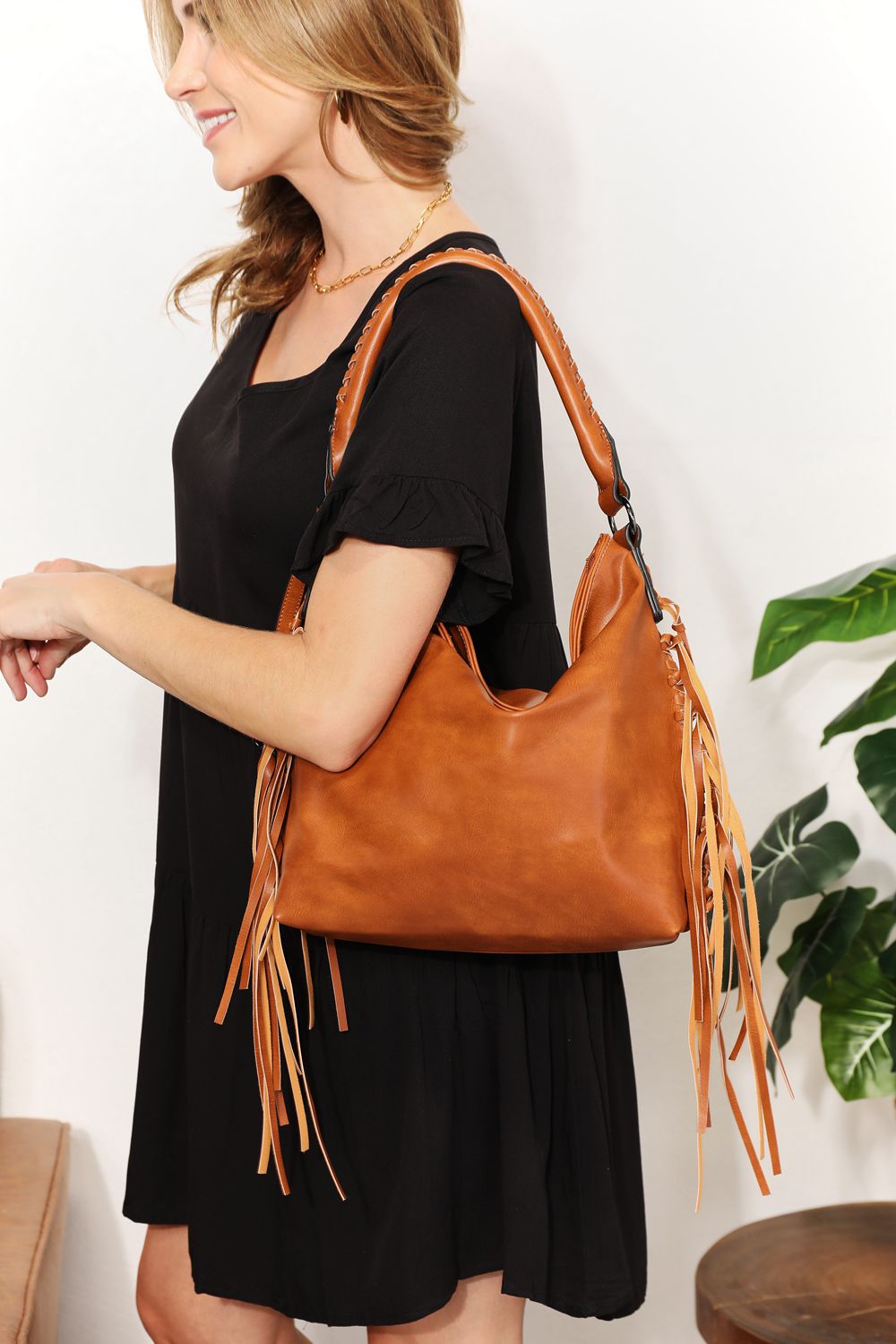 SHOMICO PU Leather Fringe Detail Shoulder Bag apparel & accessories