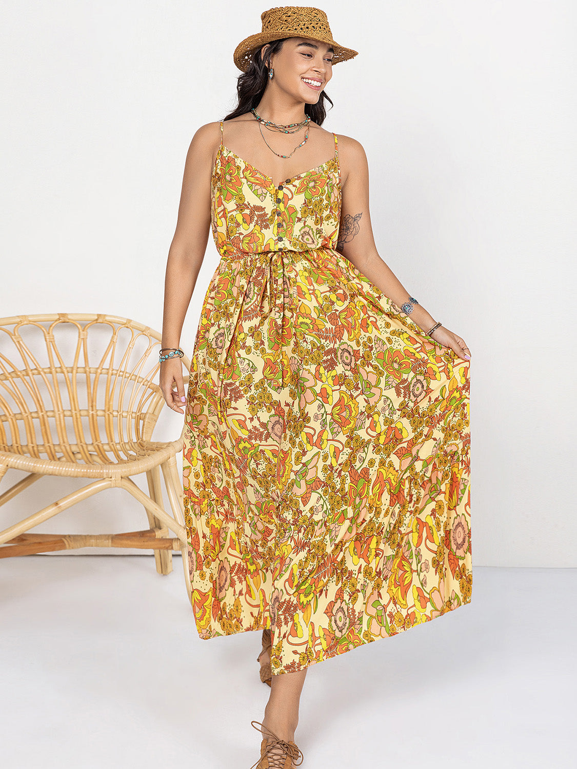 Plus Size Printed V-Neck Maxi Cami Dress Dresses & Tops