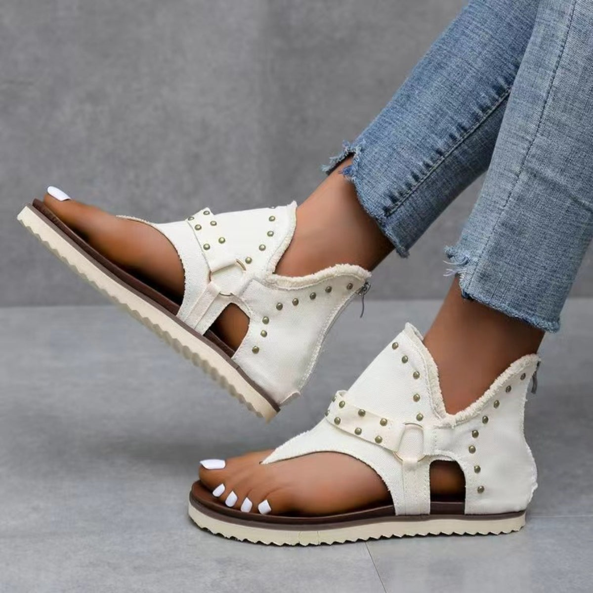 Studded Raw Hem Flat Sandals apparel & accessories