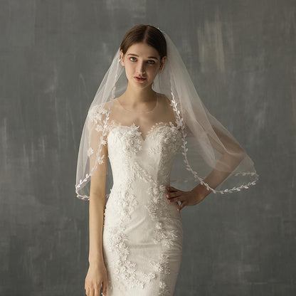 Mid Length Bridal Veil With Double Leaf Edge apparel & accessories