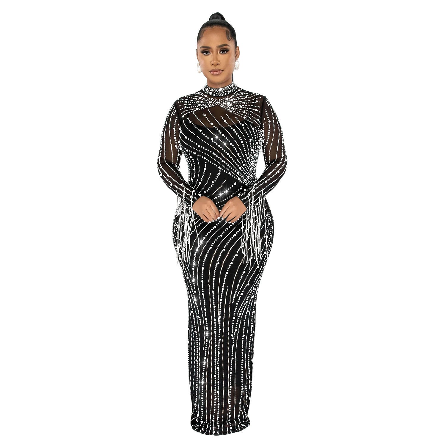 Women's Mesh Rhinestone Long Dress apparel & accessories