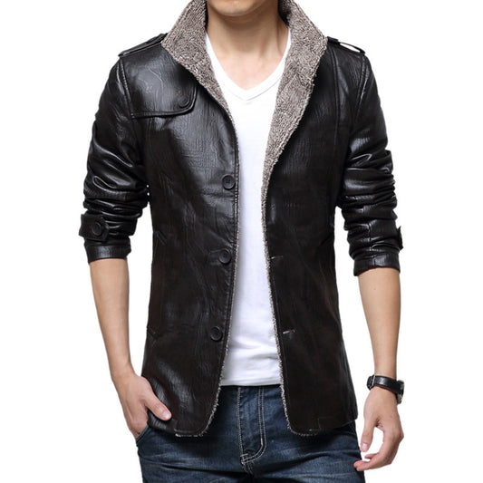 Men's Slim Leather Jacket with Plush Thick Fur men's clothing