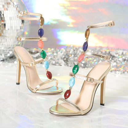 Fashion Colorful Beads Buckle Sandals Summer Stiletto High Heel Shoes Women Party Pumps Shoes & Bags