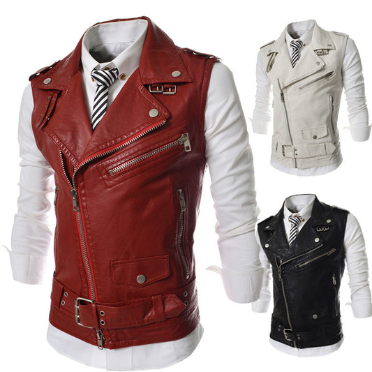 Zip-fit slim lapel short PU leather vest men's clothing