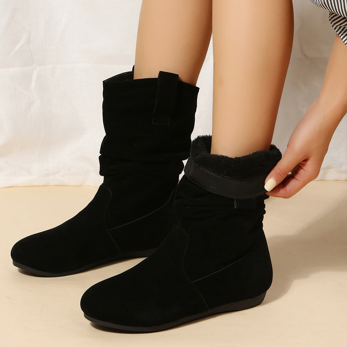 Round Toe Flat Suede Mid-calf Boot Shoes & Bags