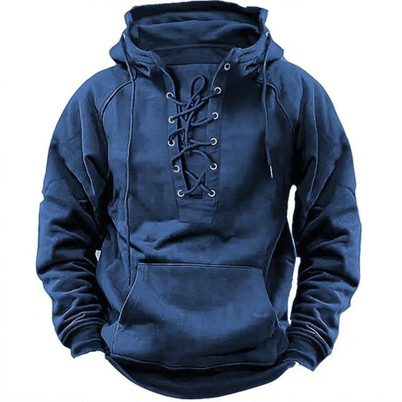 Retro Lace-up Hooded Long-sleeved T-shirt men's clothing