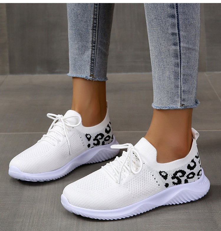 White Shoes Leopard Print Lace-up Sneakers Shoes & Bags