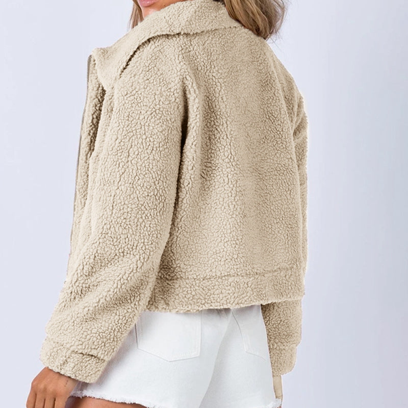 Long Sleeve Collared Neck Sherpa Jacket Dresses & Tops