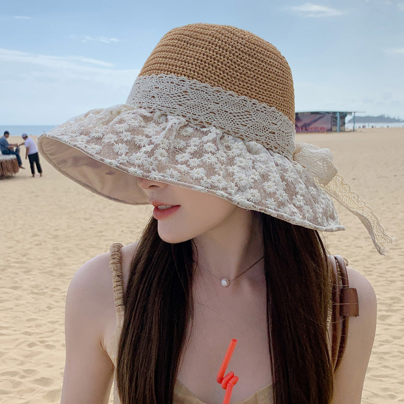 Lace Bow Straw Fisherman Hat Summer Outdoor Sunhat With Large Brim Anti-UV Sunshade And Face Protection Hat apparels & accessories