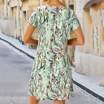 Plant Flower Printed V-neck Loose Women's Dress apparel & accessories