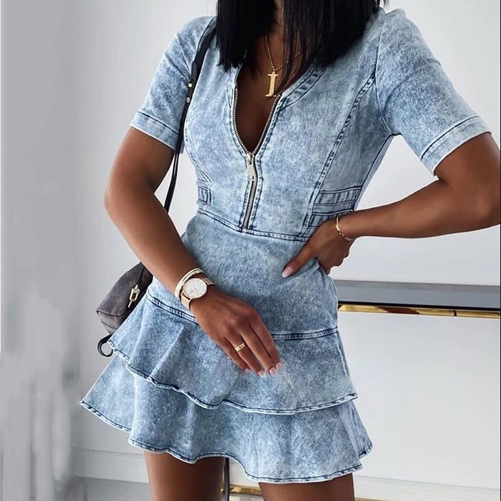 Short sleeve V-neck denim dress apparel & accessories