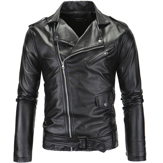 Slim Casual Leather Jacket With Lapel Diagonal Zipper apparels & accessories