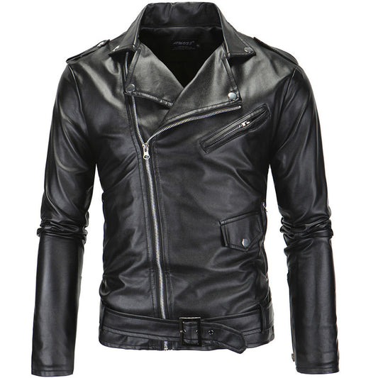 Slim Casual Leather Jacket With Lapel Diagonal Zipper men's clothing