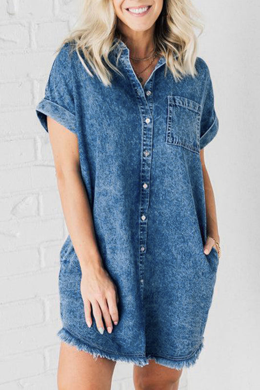 Raw Hem Pocketed Cap Sleeve Denim Dress apparel & accessories