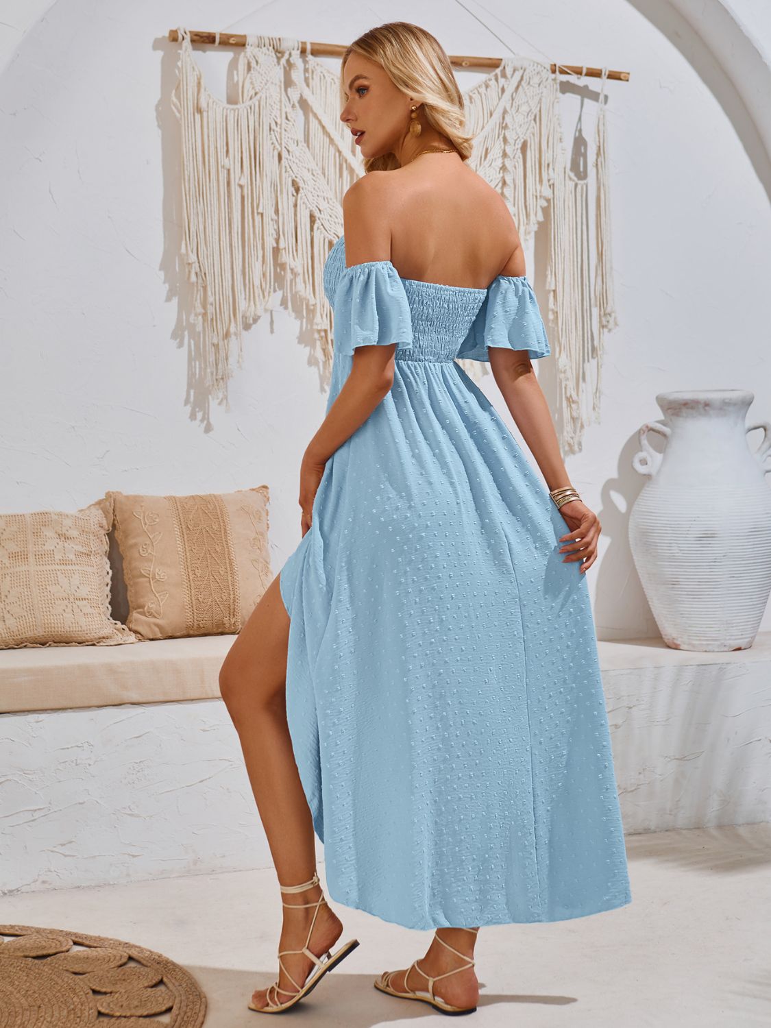 High-Low Smocked Short Sleeve Midi Dress Dresses & Tops